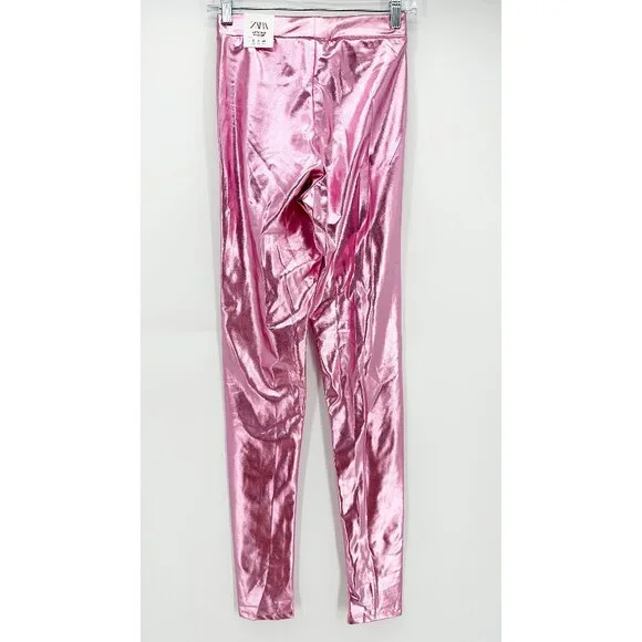 Zara Metallic Shiny Legging High Rise Pants in Pink NEW S - Picture 3 of 13